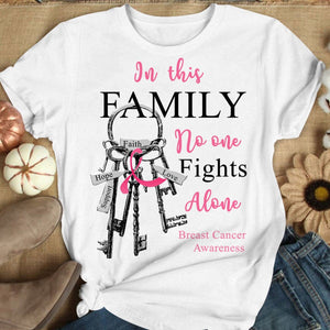 In This Family No One Fights Alone Shirt For All Members With Key, Breast Cancer Awareness Shirts