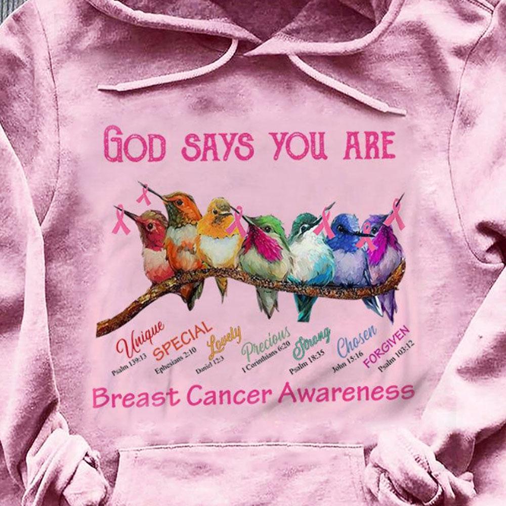 Sudadera con capucha y camiseta contra el cáncer de mama con lazo y pájaro, Dios dice que eres única, hermosa y fuerte