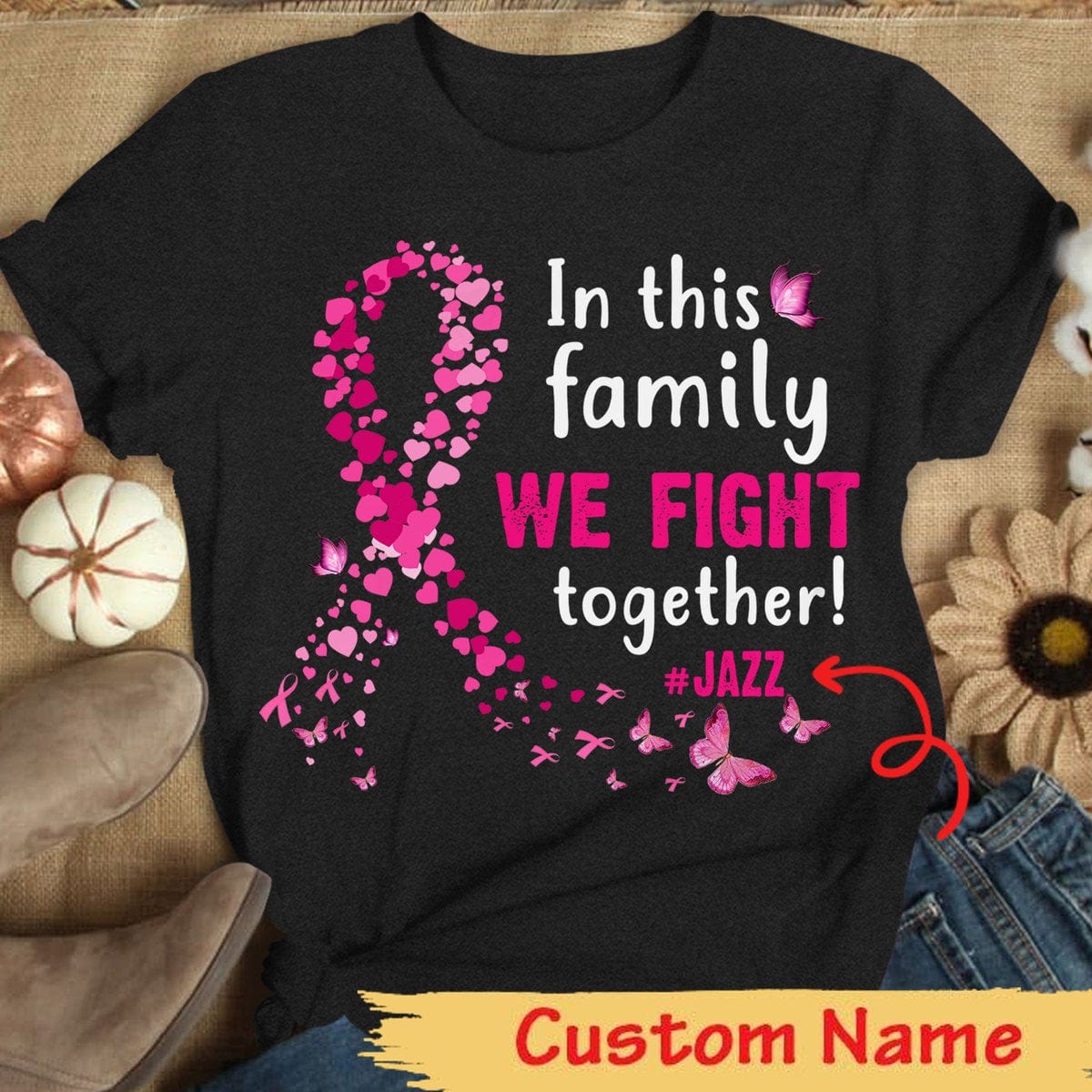 Camiseta personalizada de concientización sobre el cáncer de mama, en familia luchamos juntos, cinta de mariposa