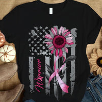 Breast Cancer Warrior Awareness Shirt, Pink Ribbon Sunflower American Flag