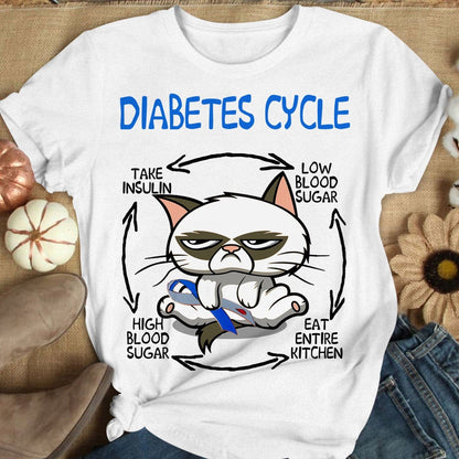 Camisetas de concienciación sobre la diabetes con el ciclo de la diabetes de los gatos