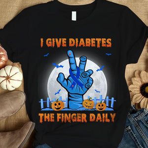 Camiseta de apoyo a la concienciación sobre la diabetes con el dedo índice "Doy un dedo todos los días" y lazo azul para Halloween