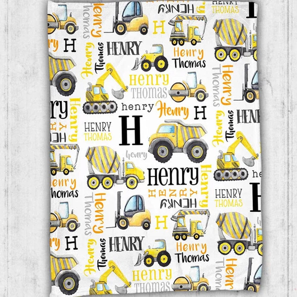 Personalized Construction Truck Fleece & Sherpa Baby Blanket