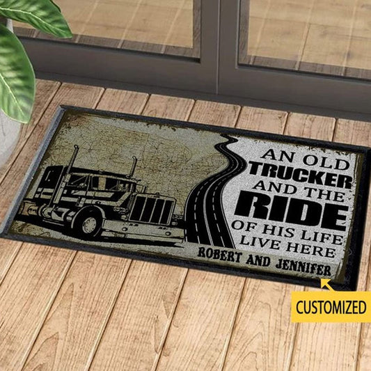 An Old Trucker & The Ride Of His Life Live Here Personalized Doormat
