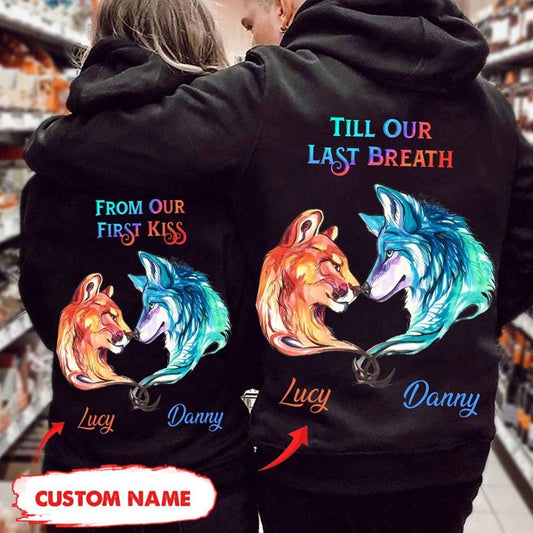 Desde nuestro primer beso hasta nuestro último aliento Camisetas de pareja de San Valentín personalizadas con diseño de lobo