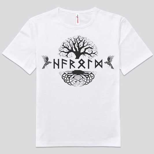 Camisas vikingas con el árbol Yggdrasil y cuervos gemelos