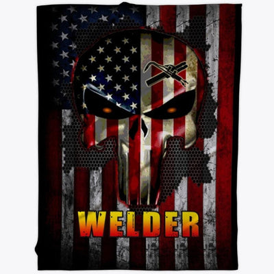 Welder With Skull American Flag Welder Blanket, Fleece & Sherpa