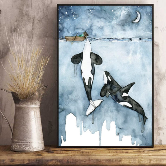 Póster de acuarela de ballena y niña, lienzo