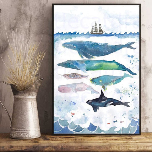 Póster de acuarela de ballena bajo el mar, lienzo
