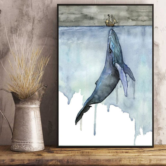 Póster de acuarela de ballena y barco, lienzo
