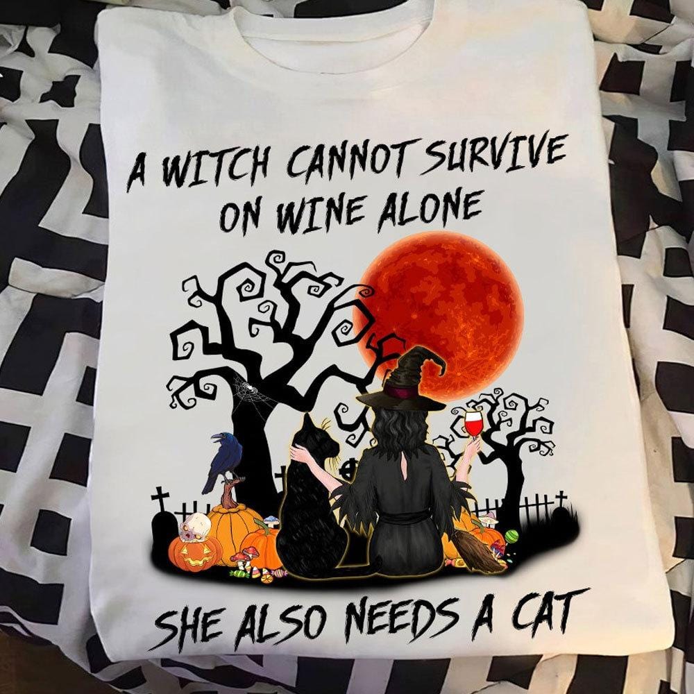 Camisetas de madre gata amante del vino con bruja, camiseta feliz Halloween