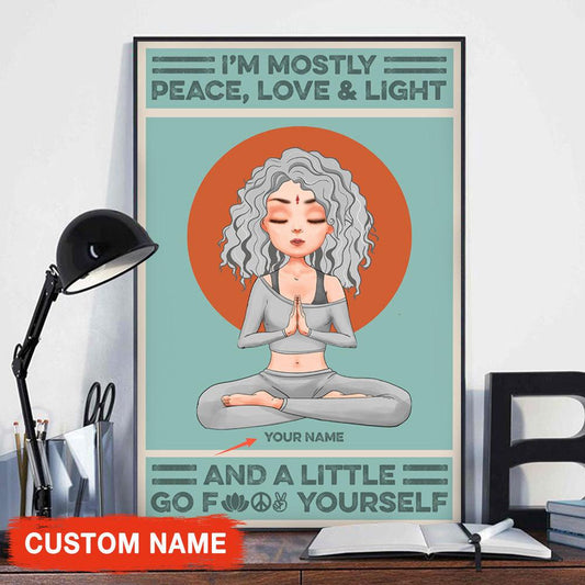 Póster de yoga personalizado con texto "Soy principalmente paz, amor y luz", lienzo