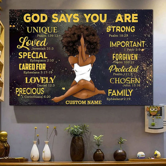 Póster de yoga personalizado de una chica afroamericana y negra, Dios dice que eres tú