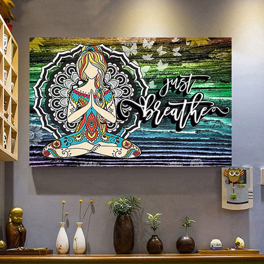 Póster de chica de yoga Just Breath, lienzo
